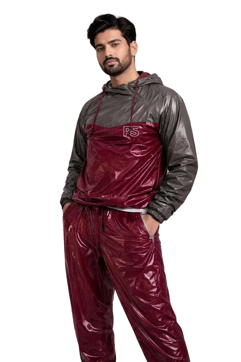 Burgundy & Charcoal Shiny Nylon Tracksuit