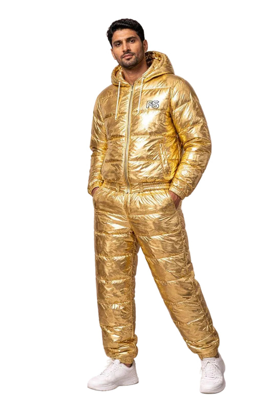 Metallic Gold Shiny Nylon Puffer Tracksuit for Men
