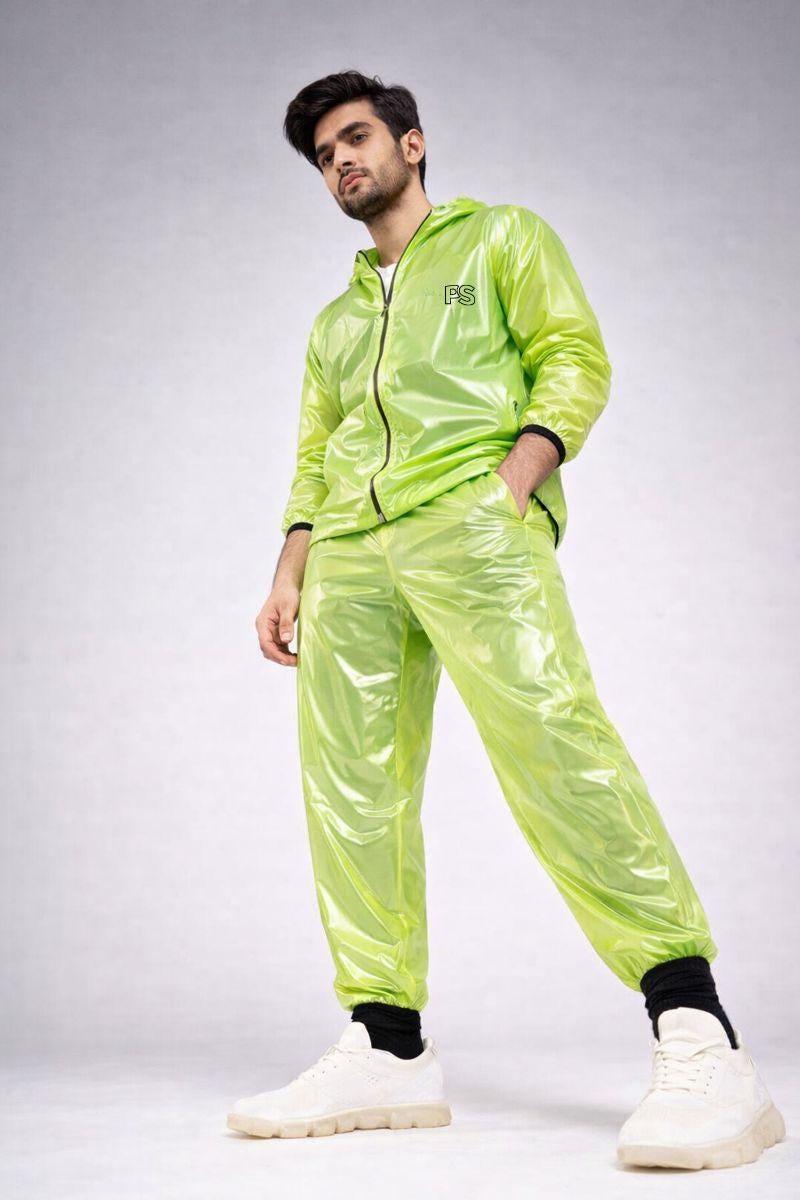 Neon Lime Shiny Nylon Rain Suit Lightweight Gloss Finish