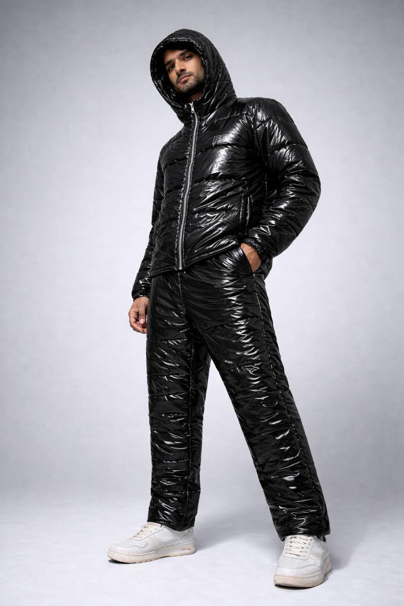 Men's Shiny Puffy Snowsuit: Off White Waterproof Jumpsuit