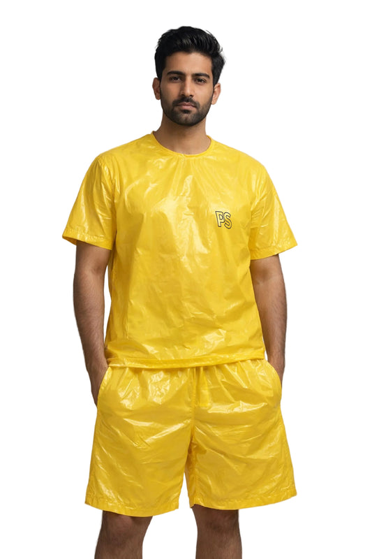 Bright Yellow Shiny Nylon Two-Piece Set