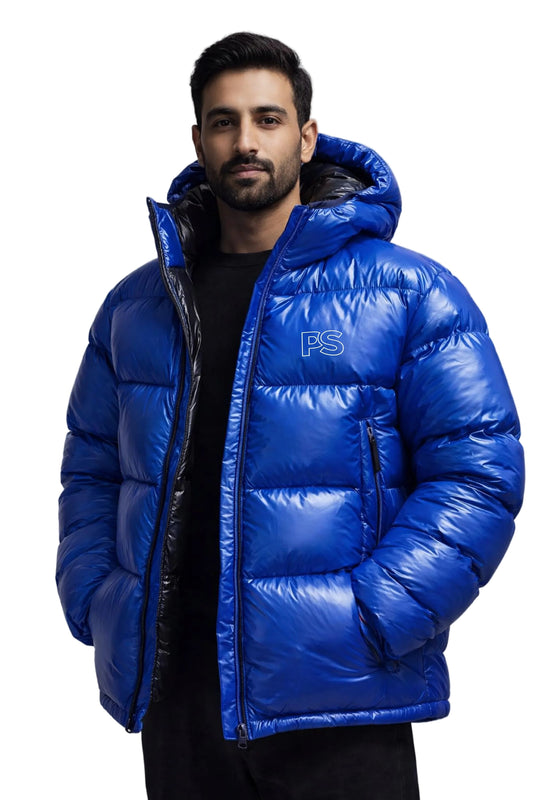 Men’s Electric Blue Shiny Nylon Puffer Jacket