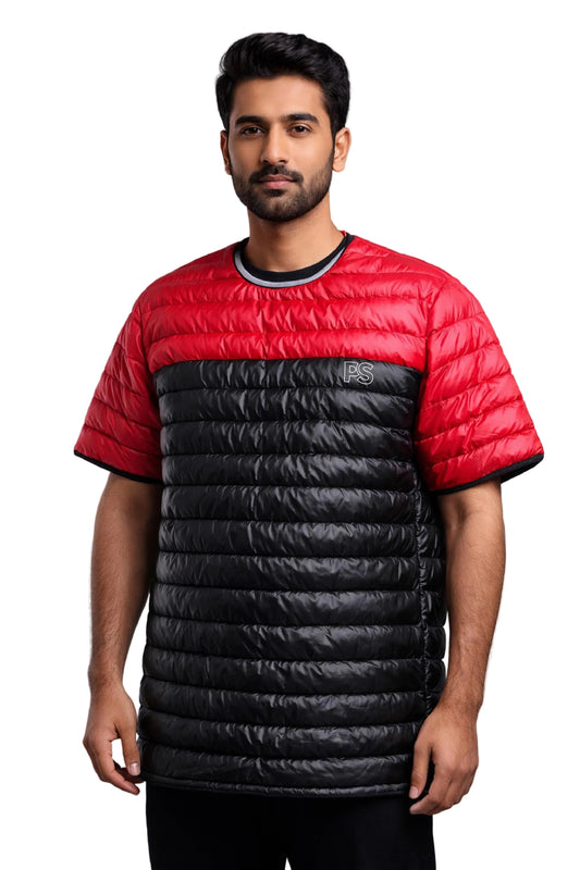 Men’s Red & Black Shiny Nylon Quilted T-Shirt