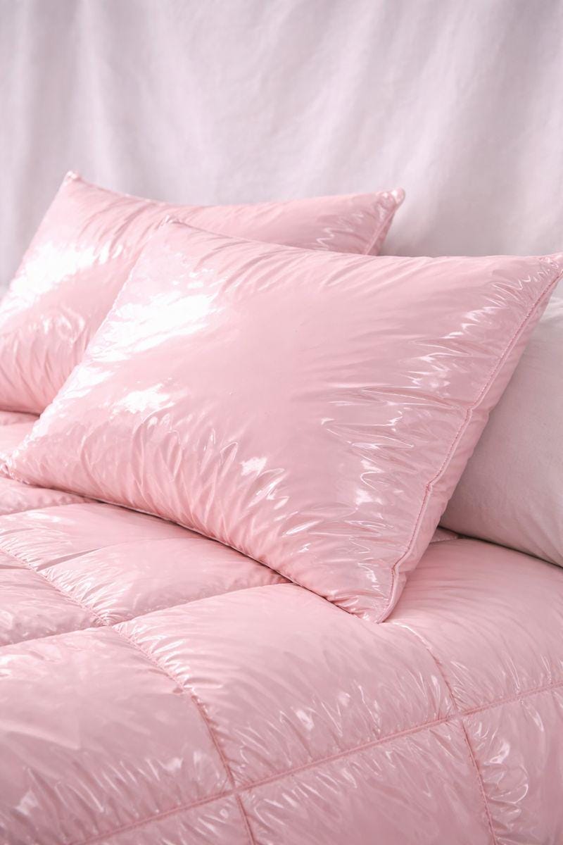 Light Pink Nylon Comforter Set  Shiny Puffer Duvet with 2 Matching Pillows