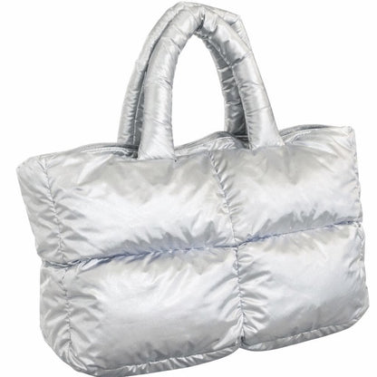 Metallic Silver Shiny Nylon Puffer Tote Bag