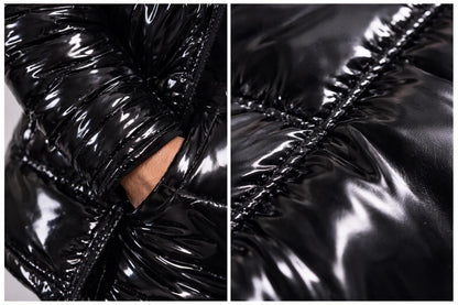 Black Glossy Nylon Puffer Set Hooded Insulated Jacket and Pants