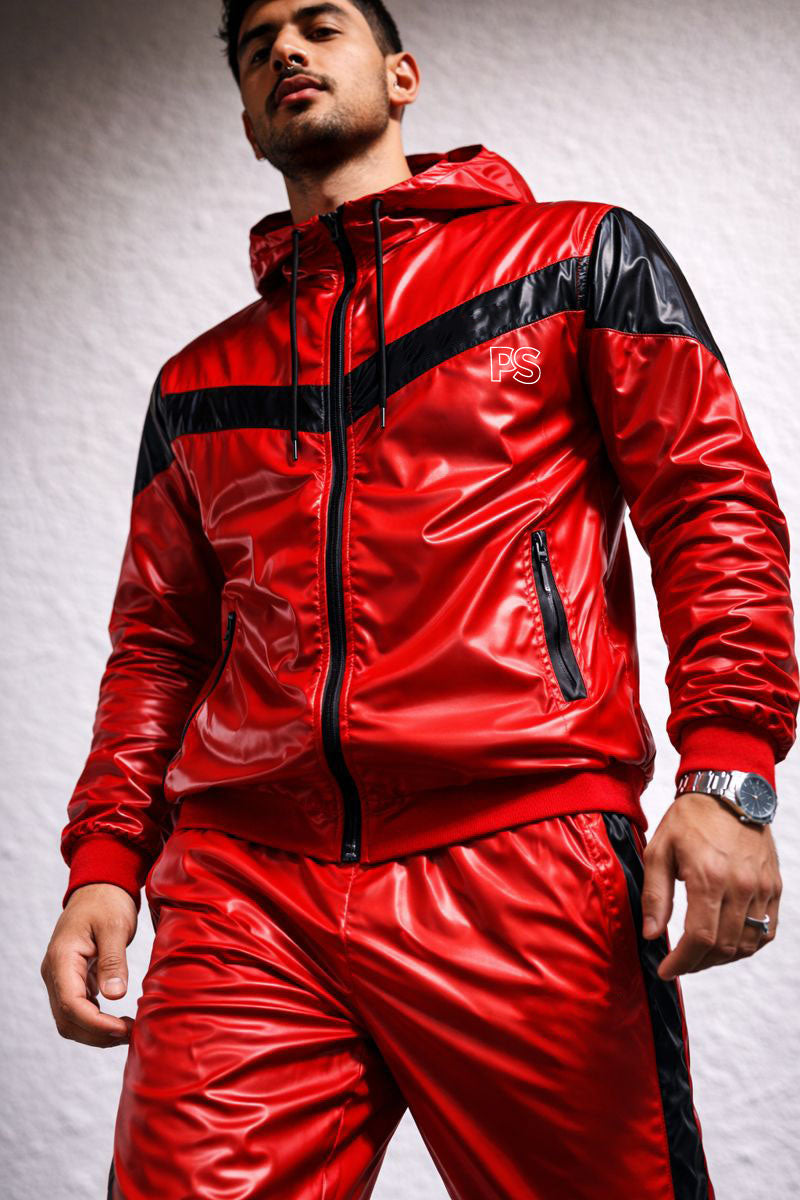 Men’s Shiny PVC Tracksuit  Red & Black Gloss Set