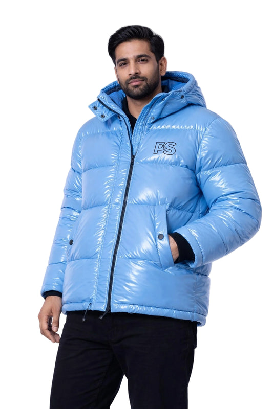 Men’s Sky Blue Shiny Puffer Jacket Lightweight Hooded