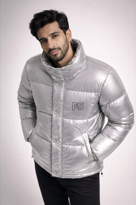 Silver Metallic Puffer Jacket Shiny Insulated Winter Outerwear