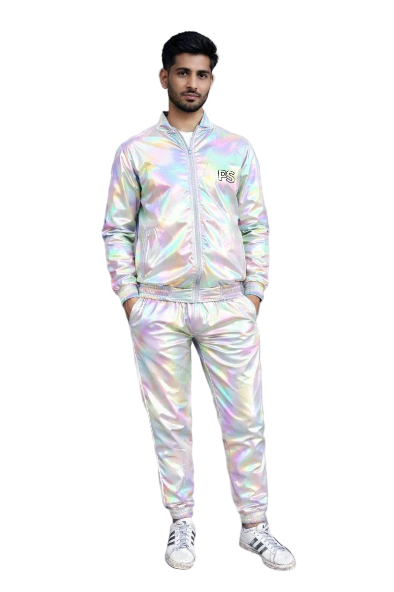 White Multicolor Shiny Nylon Track Suit with Bomber Jacket