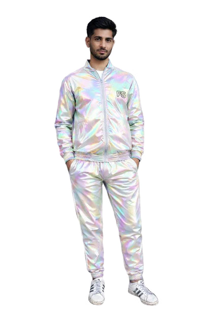 White Multicolor Shiny Nylon Track Suit with Bomber Jacket