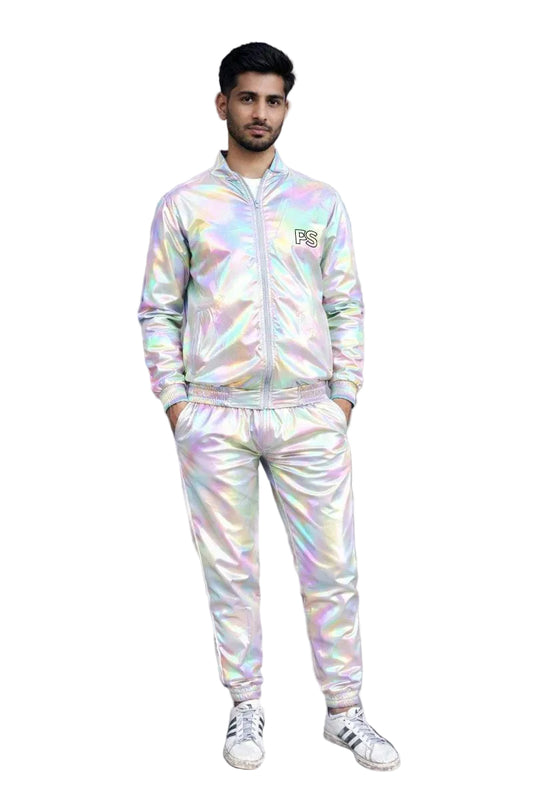 White Multicolor Shiny Nylon Track Suit with Bomber Jacket