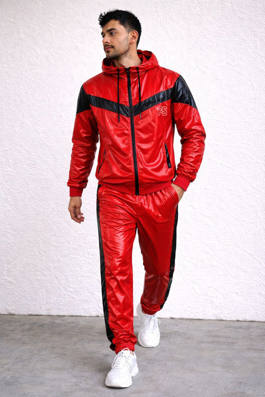 Men’s Shiny PVC Tracksuit  Red & Black Gloss Set