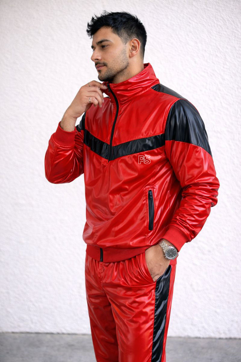 Men’s Shiny PVC Tracksuit  Red & Black Gloss Set