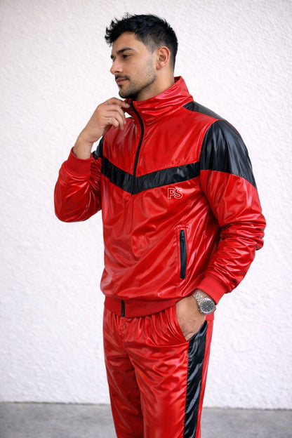 Men’s Shiny PVC Tracksuit  Red & Black Gloss Set