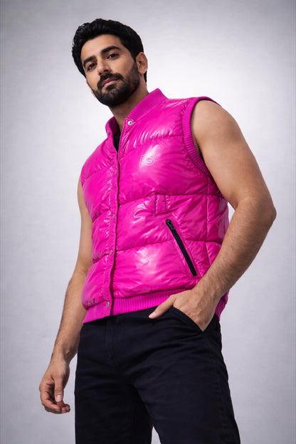 Glossy Fuchsia Pink Nylon Puffer Vest Lightweight