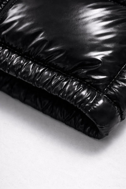 Black Glossy Nylon Puffer Hoodie Jacket