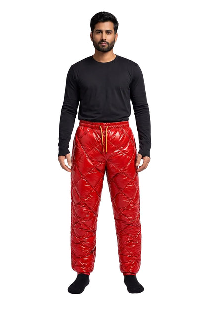 Glossy Red Quilted Nylon Puffer Pants Insulated Winter Trousers