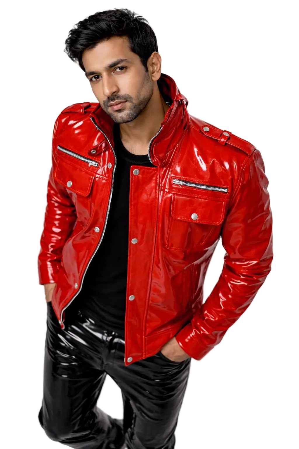 Red Glossy Leather Jacket  Men’s Patent Leather Biker Style