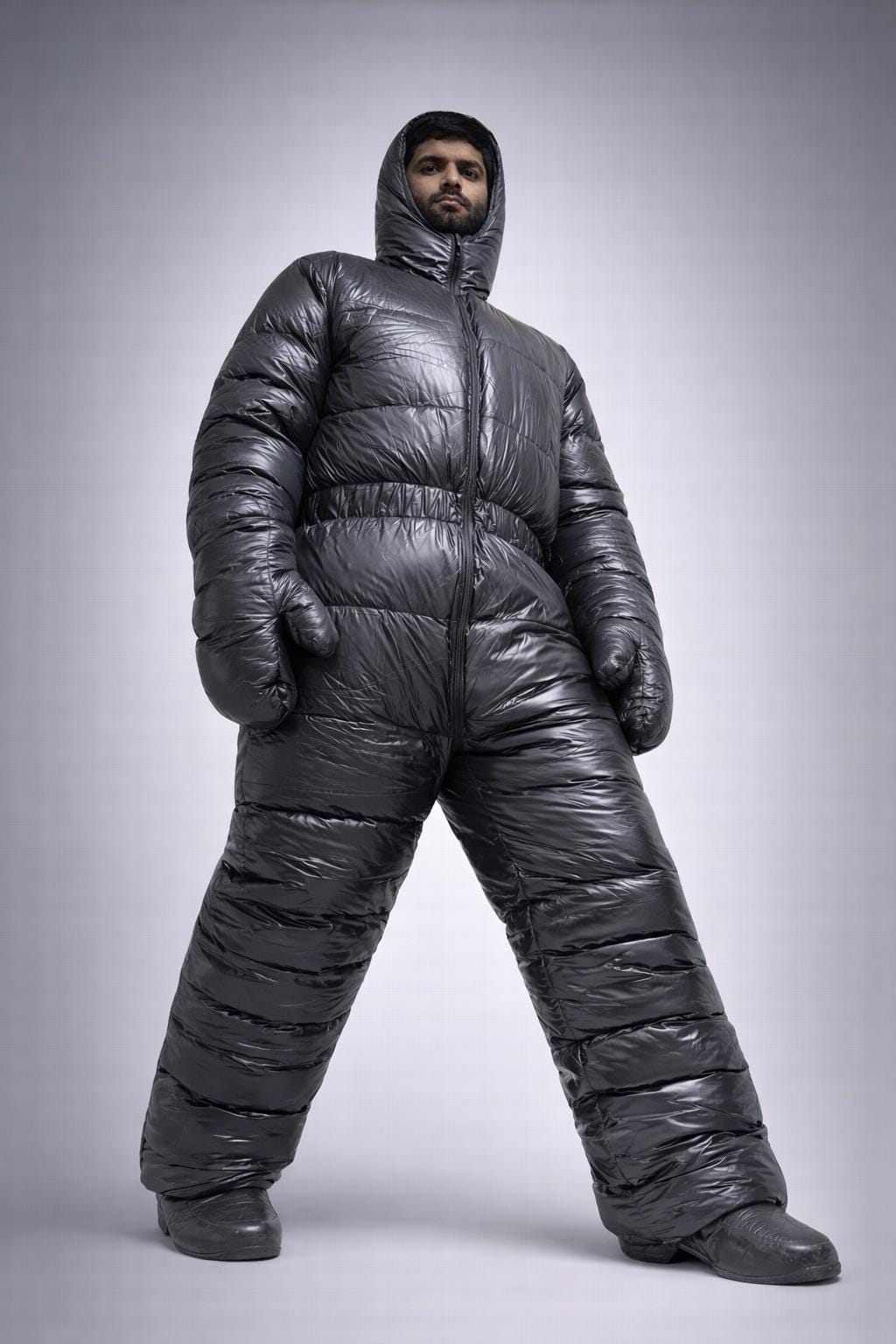 Shiny Gray Nylon Padded Jumpsuit Full Zip Hooded Snowsuit
