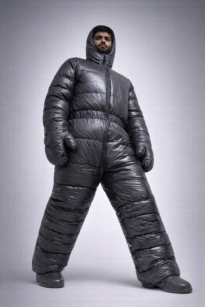 Shiny Gray Nylon Padded Jumpsuit Full Zip Hooded Snowsuit