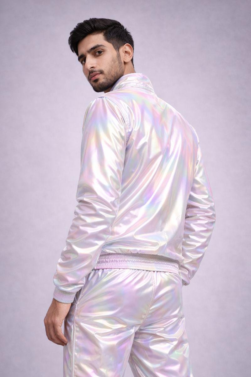 White Multicolor Shiny Nylon Track Suit with Bomber Jacket