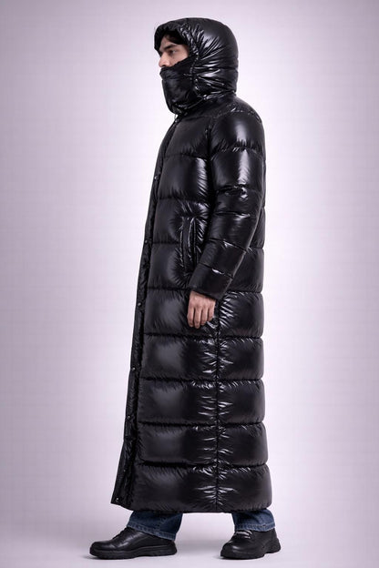 Long Black Shiny Puffer Coat Hooded Full Length