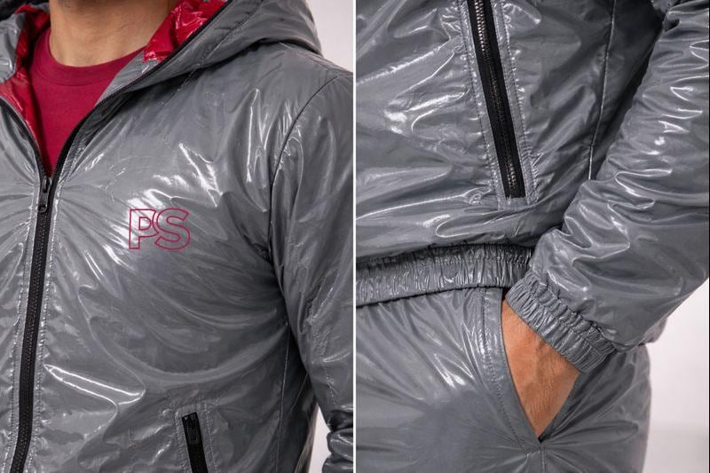 Men’s Shiny Nylon Tracksuit Silver Wet-Look Two-Piece Set