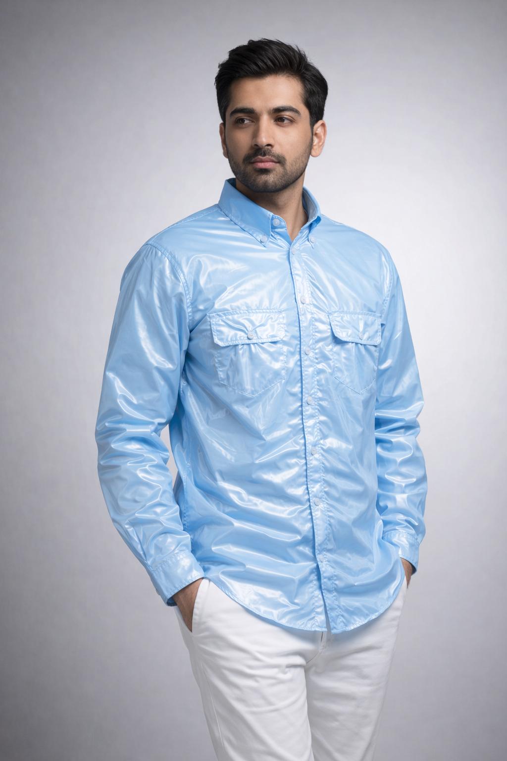 Nylon Shirt Glossy Button Up Long Sleeve with Flap Pockets