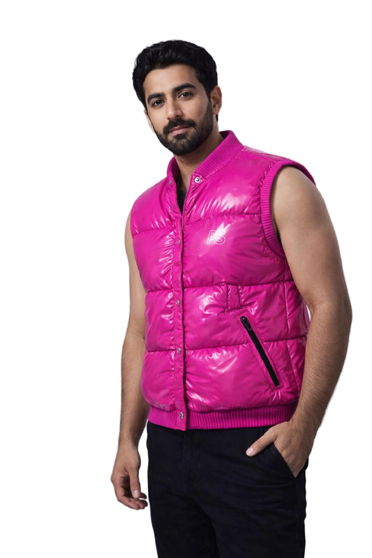 Glossy Fuchsia Pink Nylon Puffer Vest Lightweight
