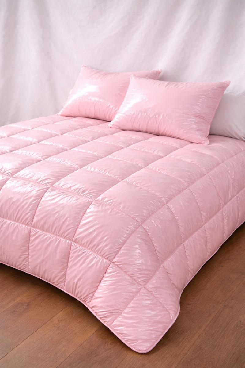 Light Pink Nylon Comforter Set  Shiny Puffer Duvet with 2 Matching Pillows