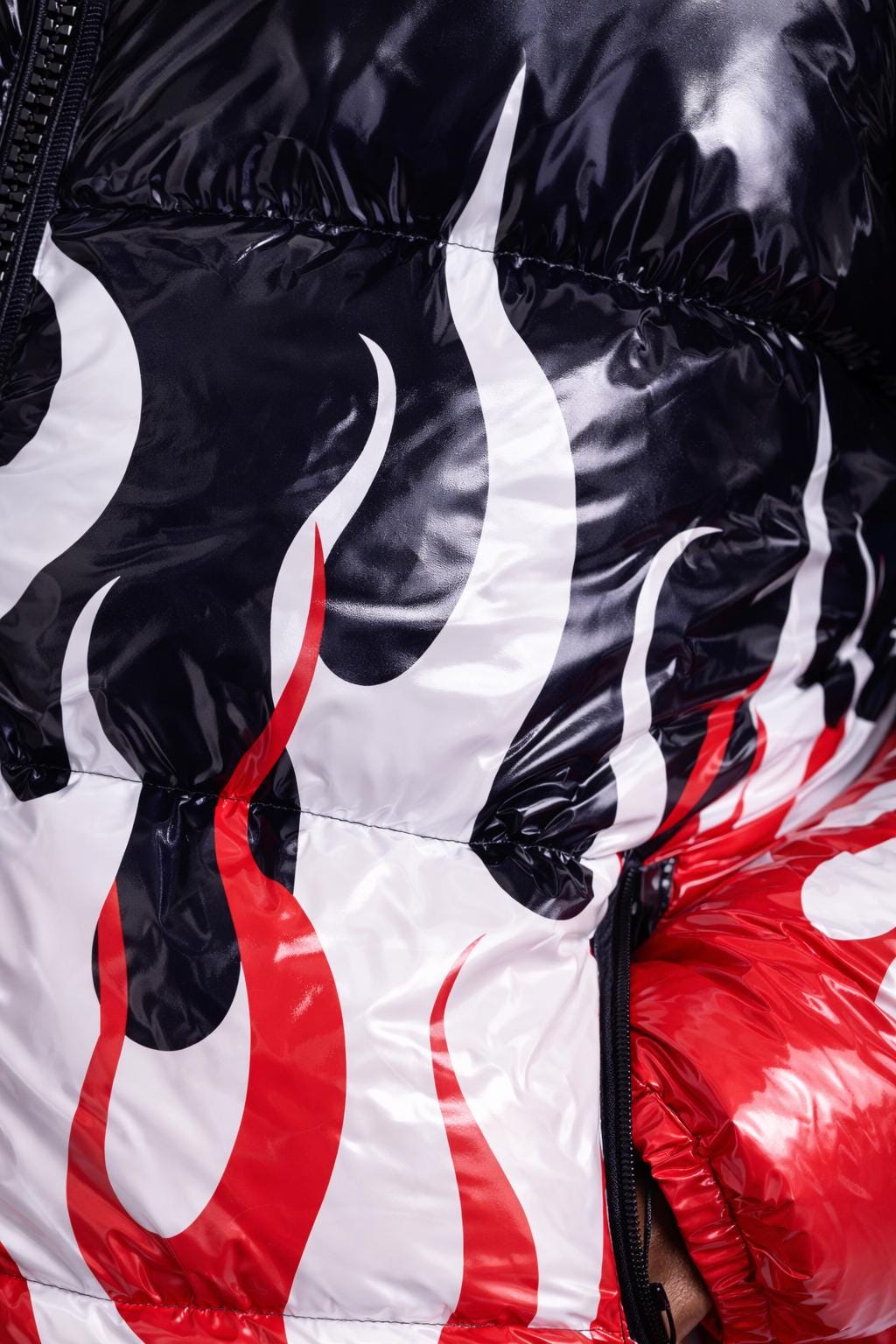 Shiny Puffer Jacket with Flame Design
