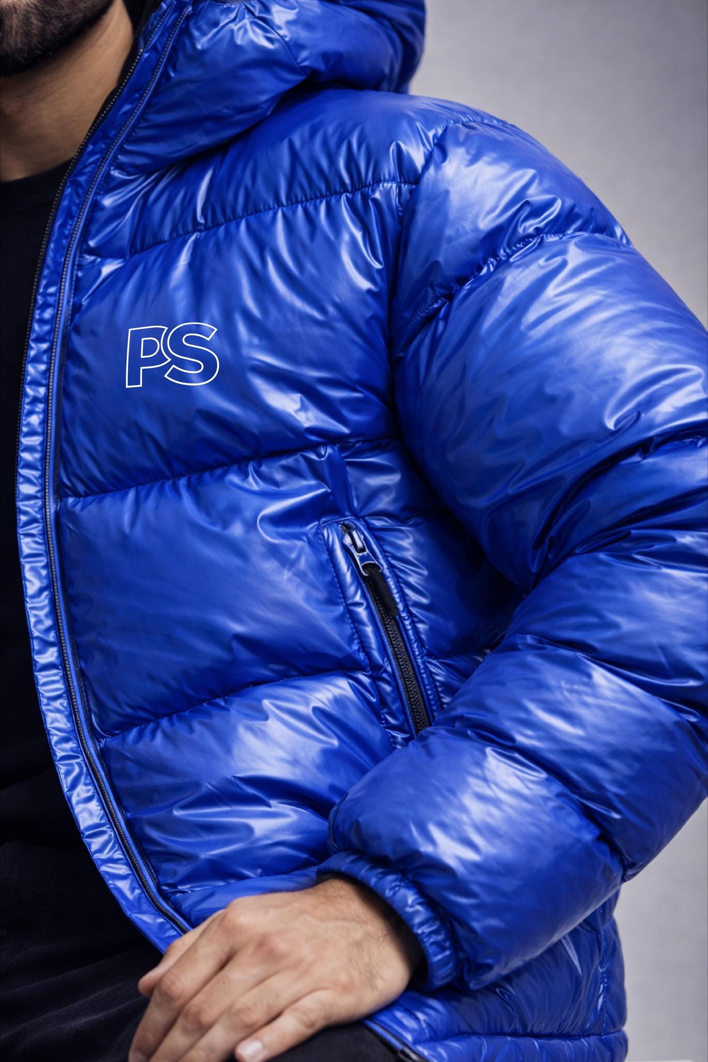 Men’s Electric Blue Shiny Nylon Puffer Jacket