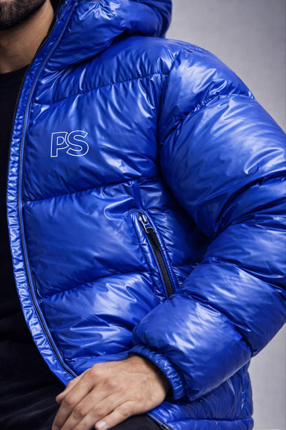 Men’s Electric Blue Shiny Nylon Puffer Jacket