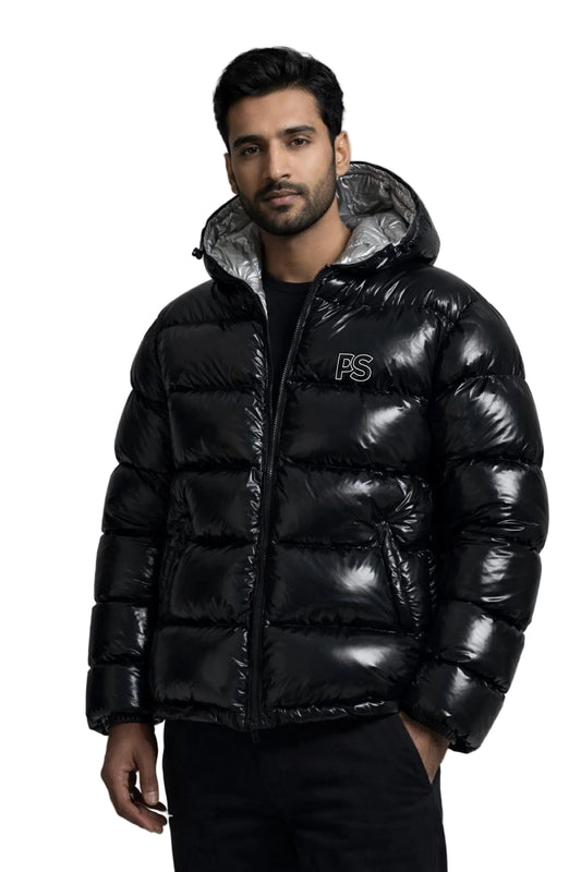Black Glossy Nylon Puffer Hoodie Jacket
