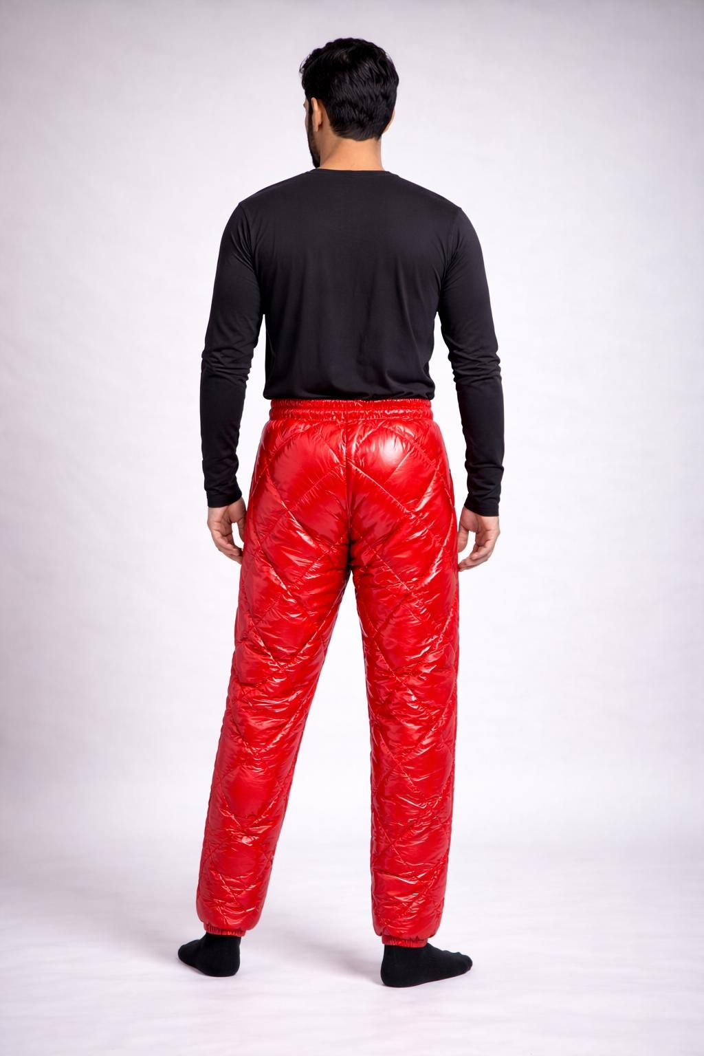 Glossy Red Quilted Nylon Puffer Pants Insulated Winter Trousers