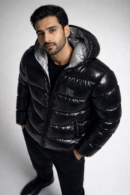 Black Glossy Nylon Puffer Hoodie Jacket