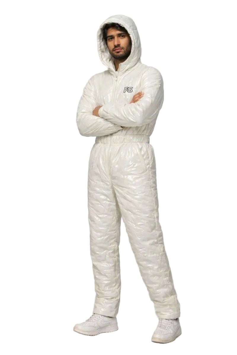 Men's Shiny Puffy Snowsuit Off White Waterproof Jumpsuit