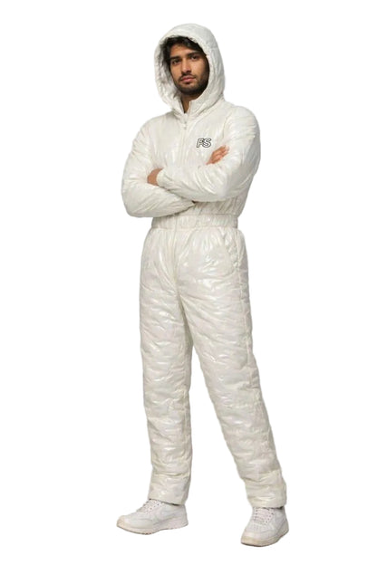 Men's Shiny Puffy Snowsuit Off White Waterproof Jumpsuit