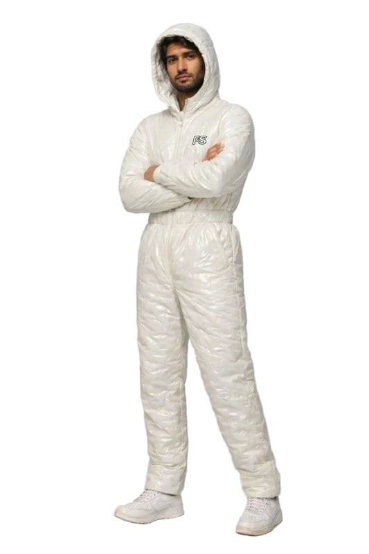 Men's Shiny Puffy Snowsuit Off White Waterproof Jumpsuit