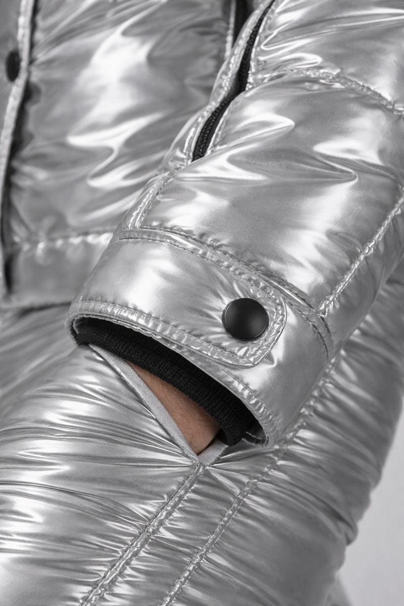 Men's Shiny Puffy Snowsuit: Off White Waterproof Jumpsuit