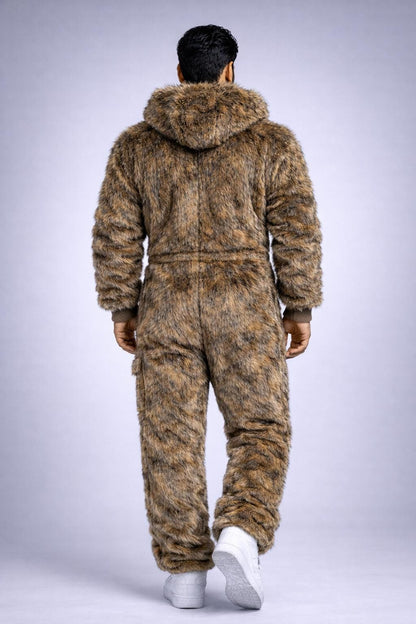 Brown Faux Fur Hooded Jumpsuit Shaggy Plush One-Piece Winter Suit