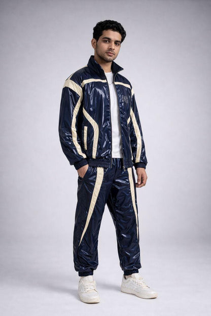Navy Blue Shiny Nylon Tracksuit with Cream Side Panels