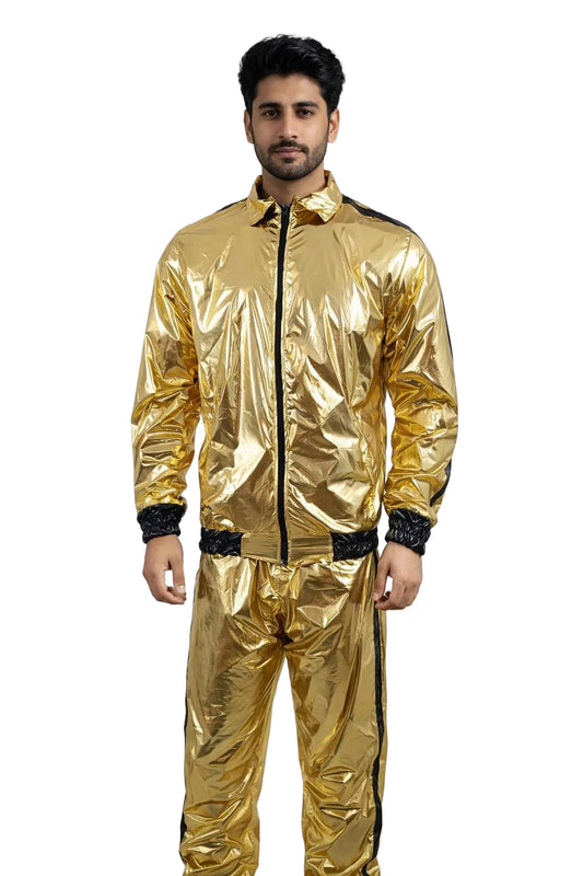 Metallic Gold Shiny Nylon Tracksuit with Black Stripes