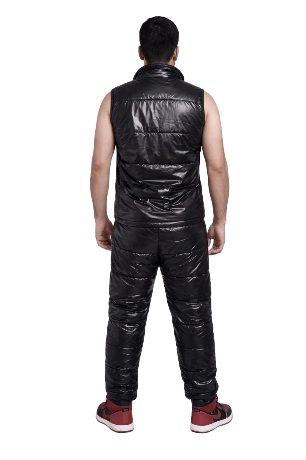 Men’s Black Shiny Puffer Suit Glossy Quilted Nylon Vest & Insulated Pants Set