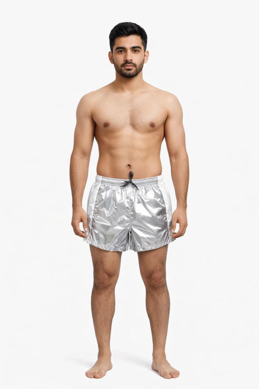 Men’s Metallic Silver Shiny Nylon Shorts