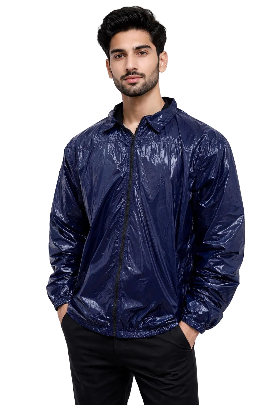Black Blue Shiny Jacket Lightweight Winter Wear