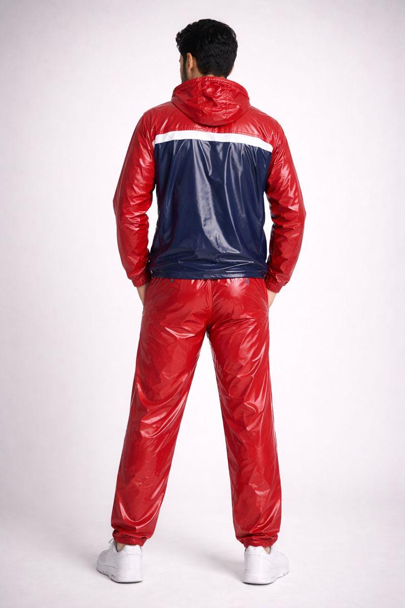 Red Glossy PVC Hooded Tracksuit with Navy & White Chest Panel