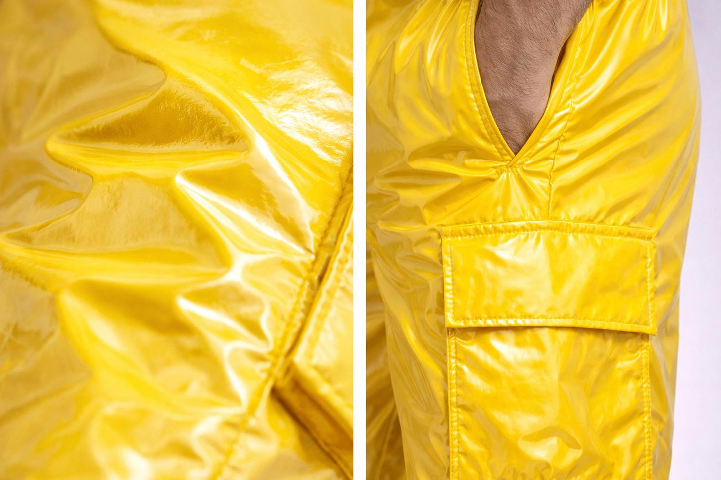 Men’s Bright Yellow Shiny Nylon Cargo Pants High Gloss Streetwear