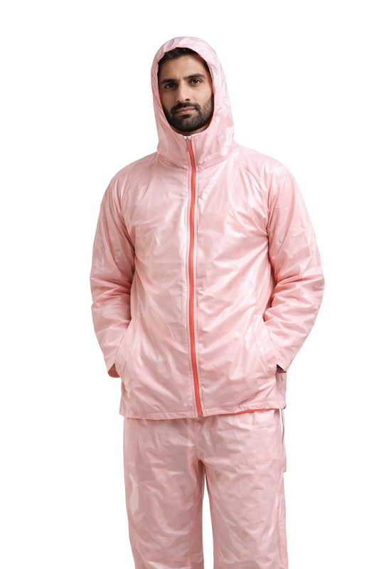 Men’s Pink Shiny Nylon Tracksuit Hooded Waterproof Jacket & Pants Set